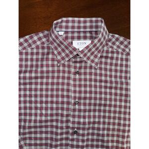 ETON Men's Contemporary Red Plaid Cotton Fine Twill Dress Shirt Size L 16x35